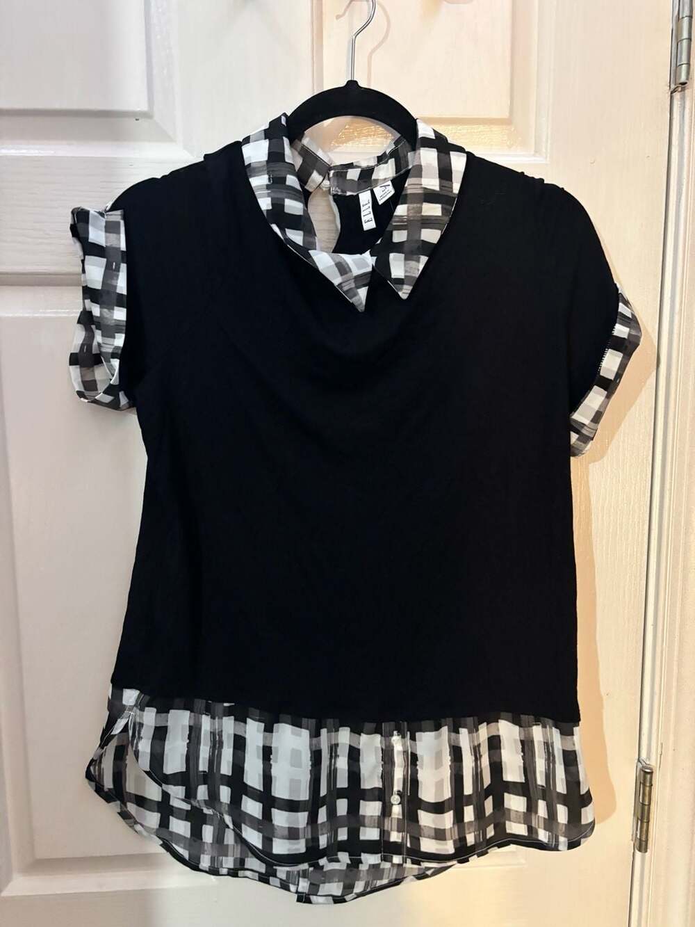 Elle Black and White Gingham Layered Collar Short Sleeve Top Size M